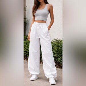Zara White Wide Leg Parachute Pants Adjustable Hem Drawstring Waist Size Small